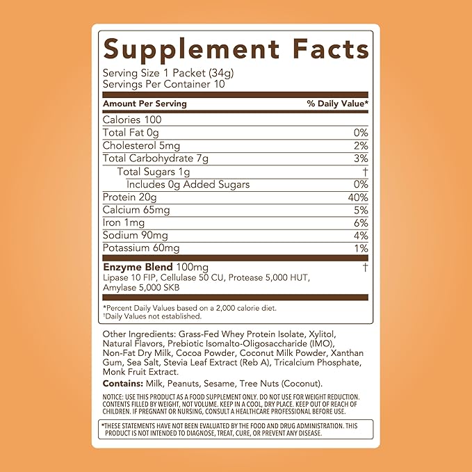 Clean Simple Eats Whey Protein Powder, Chocolate Peanut Butter Flavor Naturally Sweetened, 100% Grass Fed Protein Powder with Digestive Enzymes & No Artificial Ingredients, Gluten Free, 10 Stick Packs