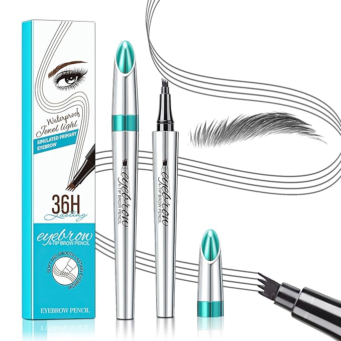 3D Waterproof Microblading Eyebrow Pen 4 Fork Tip Tattoo Pencil, Long-Lasting Brow Microfilling Eyebrow Pen, Easy to Use Microblade Eyebrow Pencil Eyebrow Brush (Gray)