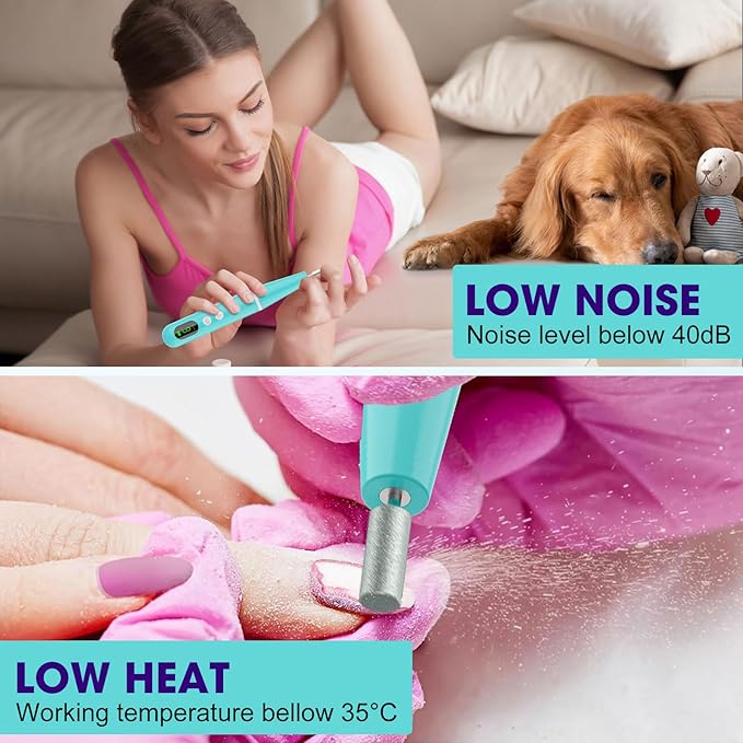 Cordless Nail Drill, Super Lightweight Electric Nail File, Low Noise Electric Nail Drill with 9 Speed & LCD Display, Wireless Toenail Grinder for Thick Nail Toenail Cuticle Human Women Baby Pets