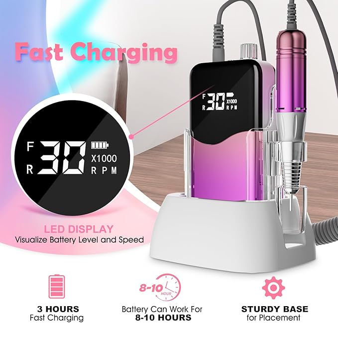 CIVPOWER Nail Drill Professional: 35000RPM Electric Nail File - Portable Rechargeable LED Display Nail Tool Kit- Manicure Pedicure Salon Home DIY Purple