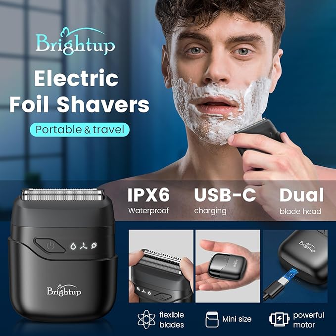 Brightup Electric Foil Shavers for Men, Mini Electric Razor for Shaving Face, Compact Travel Shaver with Floating Blades, Waterproof Wet/Dry Razor USB C Rechargeable