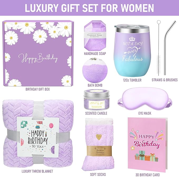 Birthday Gifts for Women Friendship, Happy Birthday Gift Basket for Mom Friend Sister Her Birthday Gift Unique, Luxury Self Care Gift Lavender Relaxing Spa Gifts Set with 3D Birthday Card for Women