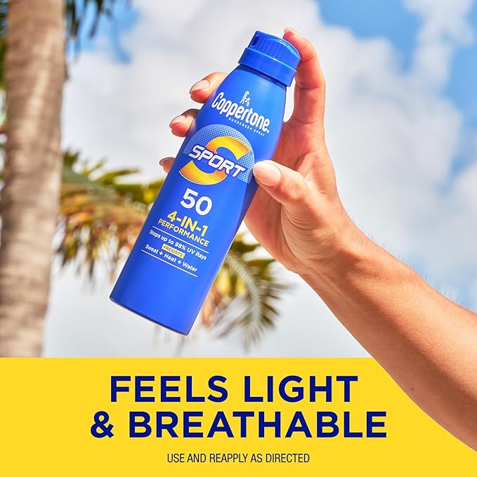 Coppertone Sport Sunscreen Spray SPF 50, Sweat, Heat and Water Resistant Sunblock, Lightweight, Oxybenzone Free, Spray Sunscreen Bulk Pack, 5.5 Oz Bottle, Pack of 3 (Packaging May Vary)