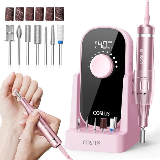 COSLUS Professional Rechargeable Electric Nail Drill 40000 RPM, Portable Nail File with Storage Stand for Acrylic Gel Polishing Removing - Easy to Use for Women, Manicure at Home DIY or Salon, Pink
