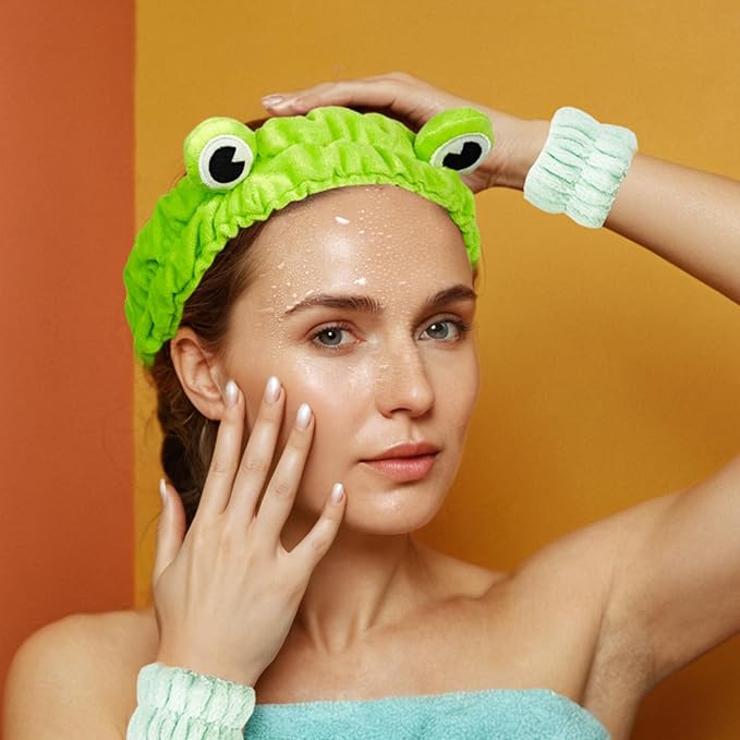 7 Pcs Spa Set, Facial Spa Headband and Wristband Set, Skincare Headband, College Style Girl Gift, Hair Accessories for Women and Girls (Green) ﻿