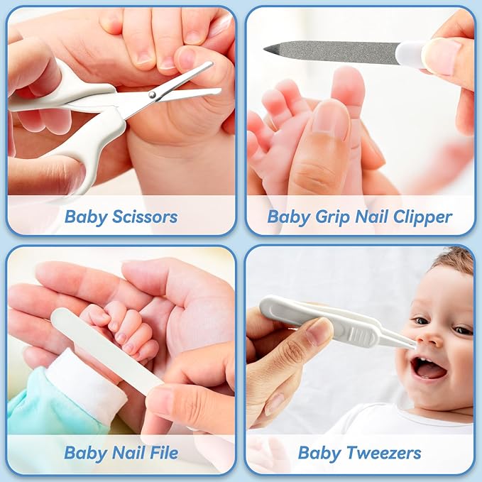 Baby Healthcare and Grooming Kit, 14 in 1 Baby Safety Set Newborn Nursery Health Care Set with Hair Brush Scale Nail Clippers for Baby Girls Boys (14 Kits Grey White)