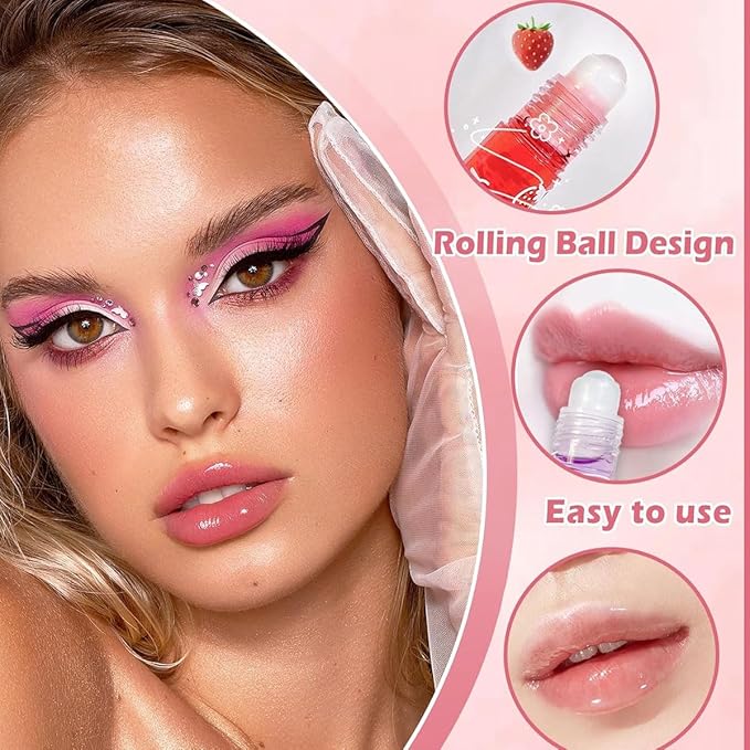 6Pcs Roll-On Lip Gloss Set,Fruit Flavored Roll On Rollerball Lip Oil,Transparent Plumping Lip Gloss for Teens and Kids,Non Toxic Lip-Makeup Set
