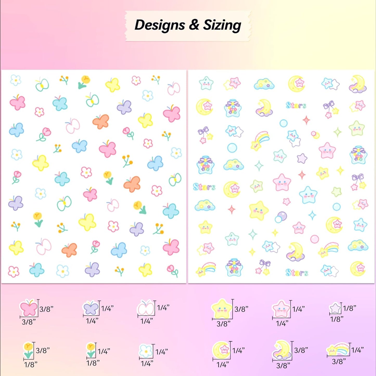 10 Sheets of 3D Nail Stickers - 719 Cute Nail Decals - Embossed Nail Stickers for Kids | Kawaii Theme - Butterfly, Flowers, Cats, Bunny, Stars, Fruits | Glow in The Dark