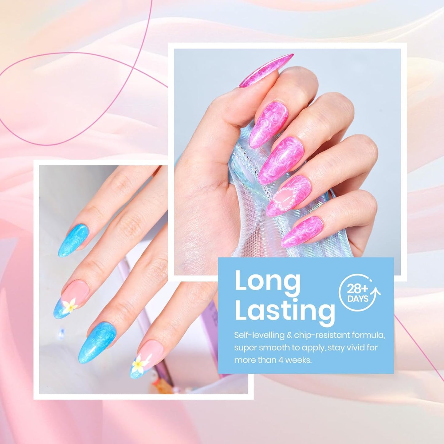 Beetles Shimmer Gel Nail Polish Set, 6 Colors Pink Blue Yellow Green Purple Iridescent Pearl Nail Polish Soak Off Uv Mermaid Gel Nail Polish Swirl Shell Thread Effect DIY Gift for Women