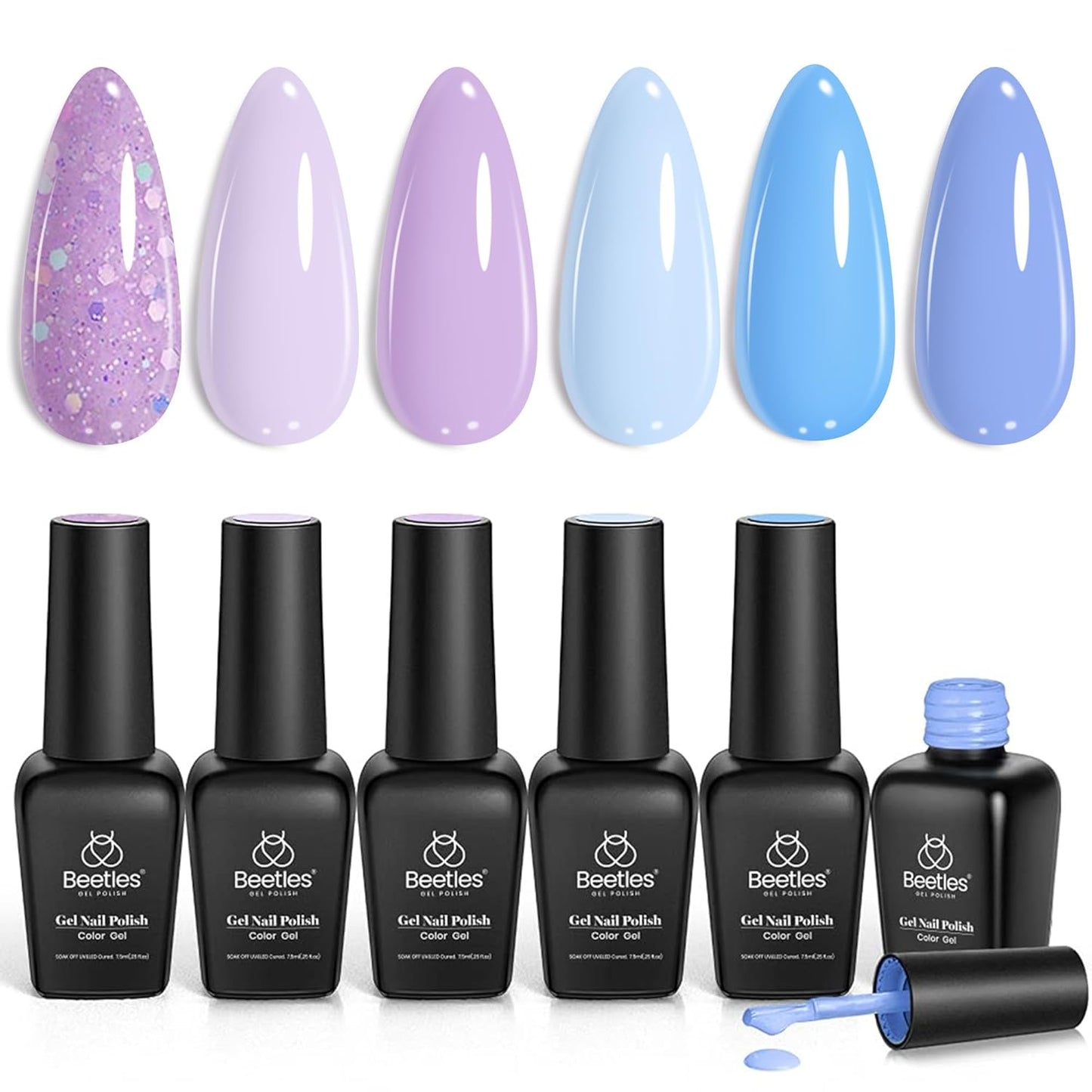 Beetles Gel Nail Polish Set - 6 Colors Purple Baby Blue Light Color Gel Nail Kit Lavender Violets Collection Soak Off UV LED Gel Manicure DIY Periwinkle Nail Polish Salon Gift for Women Girls