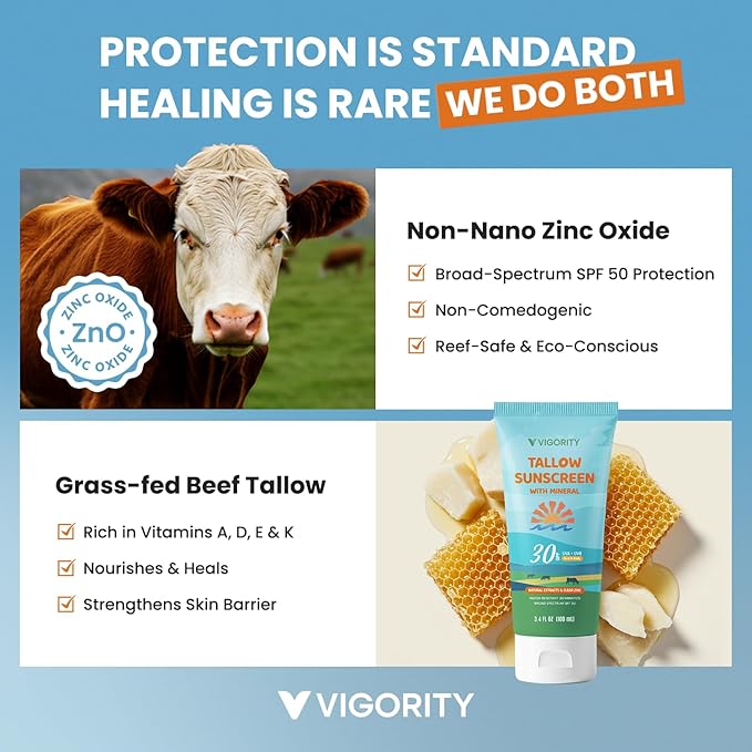 Beef Tallow Sunscreen with Zinc Oxide: Natural Non-Toxic SPF 50 Tallow Sunblock Cream for Face & Body - with 10 Food-Grade Botanical Extracts (SPF 30 (Pack of 1))