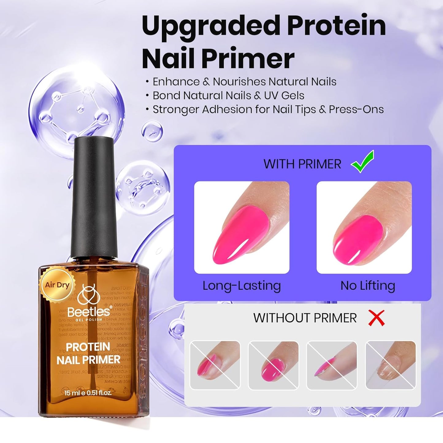 Beetles Nail Primer 15ml Protein Nail Prep for Gel Nail Polish, Upgraded Formula 2 in 1 Nail Bond No Lifting, Peeling, HEMA Free & Acid Free for False Nail Tips Acrylic & U V Gel Gifts for Women