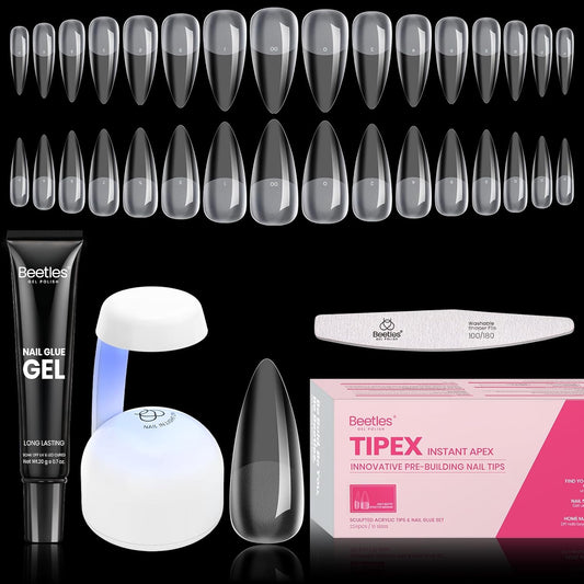 Beetles Tipex Instant Apex Nail Tips Kit Halloween Nails, Medium Stiletto, 224 Pcs 16 Sizes Pre-Building Pre-Etched False Nail Tips with Tipex Nail Glue, Mini Nail Lamp