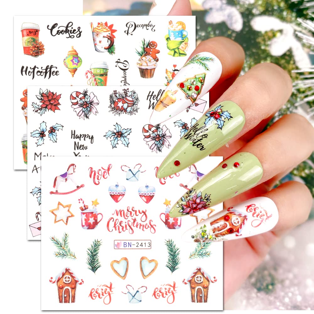 12 Sheets Christmas Nail Art Stickers Snowflake Water Transfer Nail Decals Holographic Gingerbread Man Snow Trees Winter Design Watermark Nail Foils Stickers for Women Xmas Nail Decorations