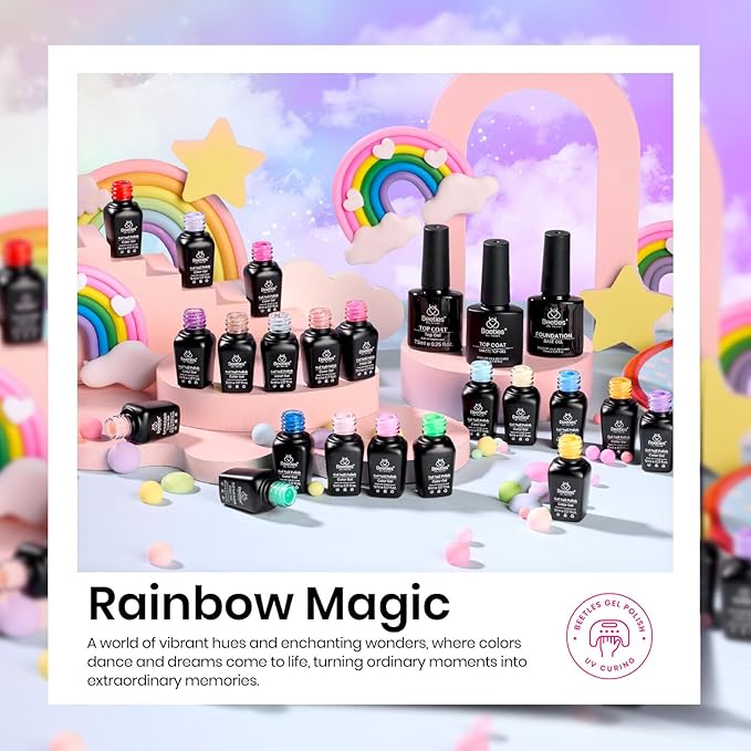 Beetles Summer Gel Nail Polish Set Green Pink Blue Glitter Nude Manicure Kit 23 Pcs 20 Colors Gifts for Women with Base Matte Glossy Top Coat Uv Lamp Needed Rainbow Magic