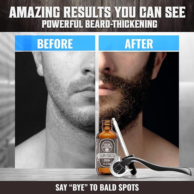 Beard Growth Kit - Oil, Balm, Serum, Derma Roller & Wooden Comb for Beard & Mustache Growth