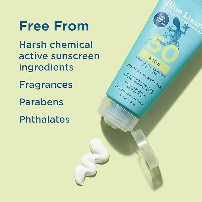 Blue Lizard Kids Mineral SPF 50 Sunscreen Lotion, 100% Mineral, Children’s Sunscreen, Water-Resistant Formula, Paraben-Free, Fragrance-Free, 3 fl oz