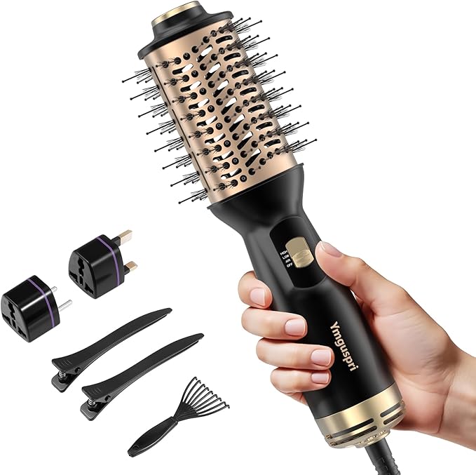 4-in-1 Dual Voltage Hair Dryer Brush, Mini Auto Blow Dryer Brush for European Travel(100-250V), 2 Inch Hot Air One Step Hair Dryer and Styler for Volumizer/Straightener/Curler with EU&UK Plug