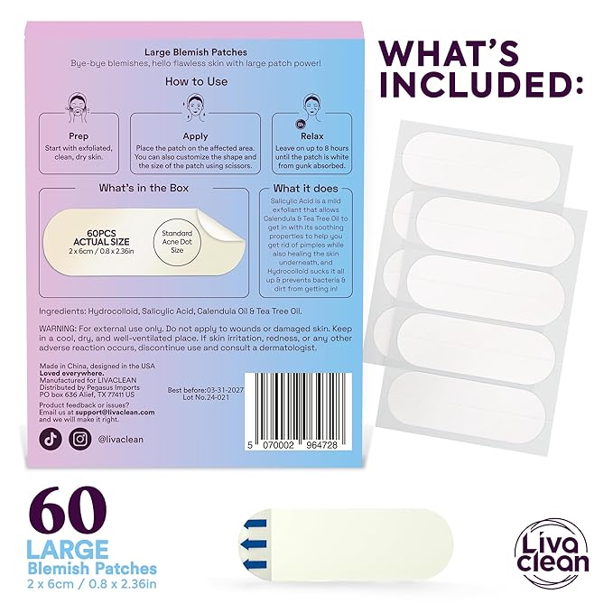 60CT Large Pimple Patches - Hydrocolloid Acne Patches with Salicylic Acid, Tea Tree & Calendula Oil - Full Face Pimple Patch - Blemish Patch for Chin, Nose, Forehead, Body - Hydrocolloid Bandages XL