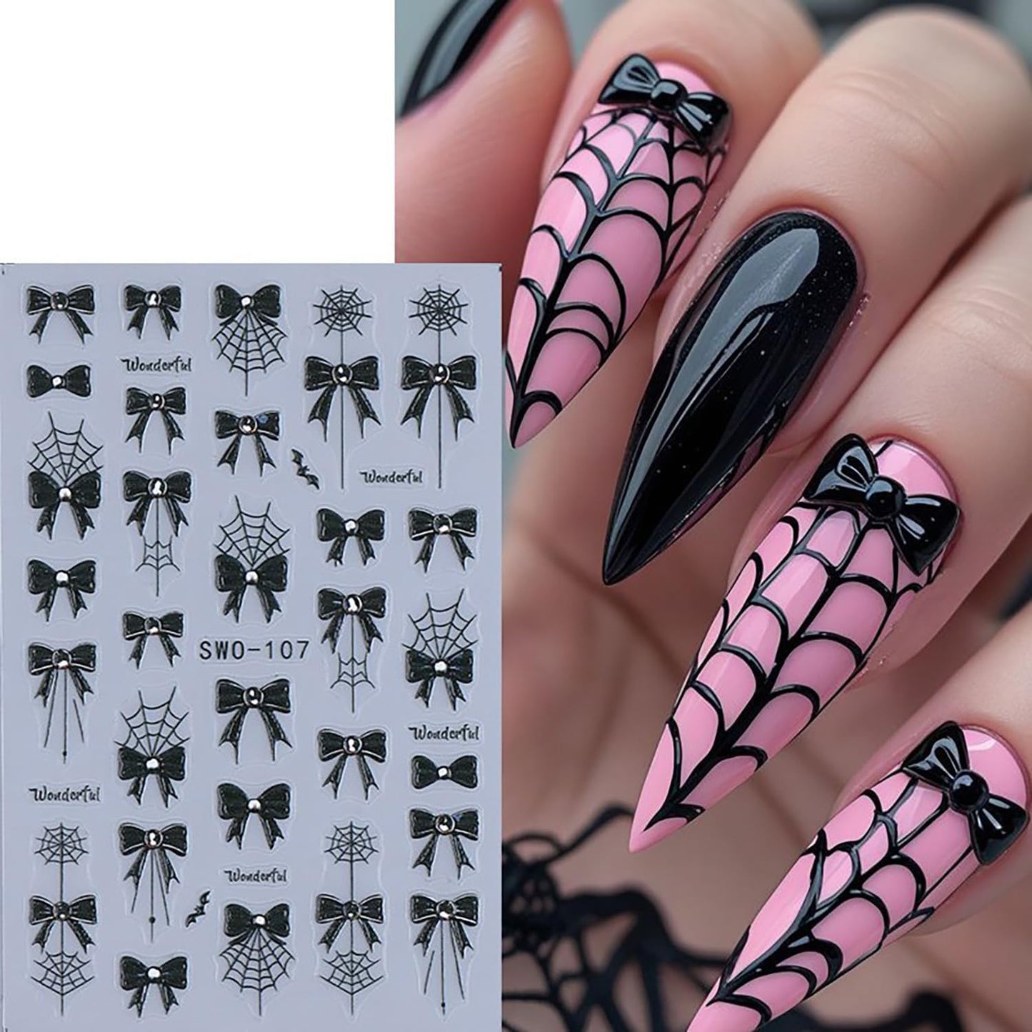 6 Sheets Halloween Nail Art Stickers 3D Self -Adhesive Black Bow Spider Web Nail Decals Holographic Bat Blood Drops Nail Stickers Halloween Nail Decoration for Women Manicure Supplies