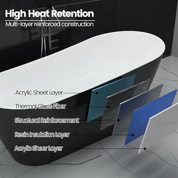 67 Inch Acrylic Freestanding Bathtubs – Stylish Black and White Free Standing Tub, Stand Alone Bathtub with Smooth Lines for Contemporary Bathroom or Remodel Projects