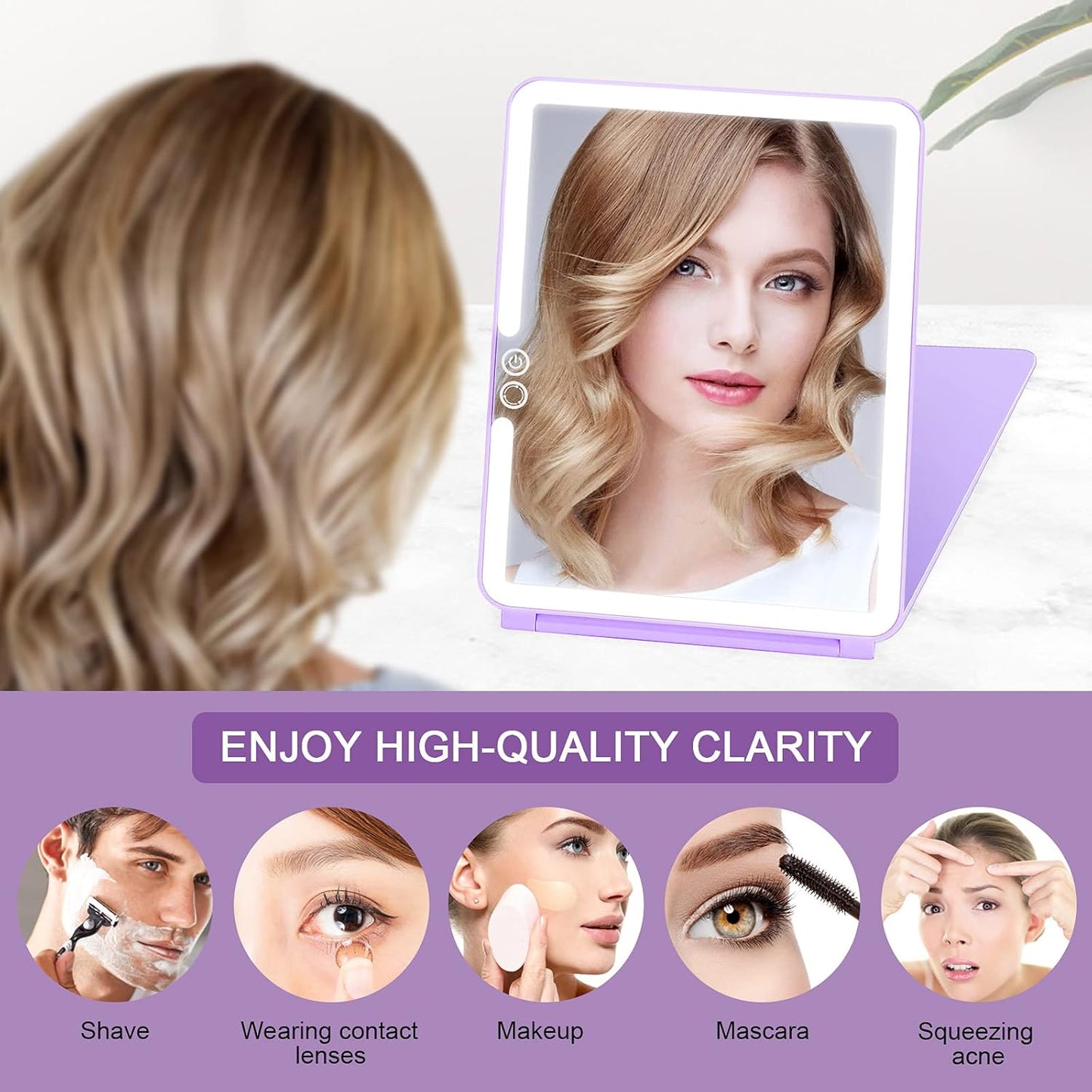 deweisn Folding Lighted Makeup Mirror with 72 LEDs 3 Colors Light Modes USB Rechargable 1800mA Batteries Portable Ultra Thin Compact Vanity Mirror Dimmable Travel Mirror