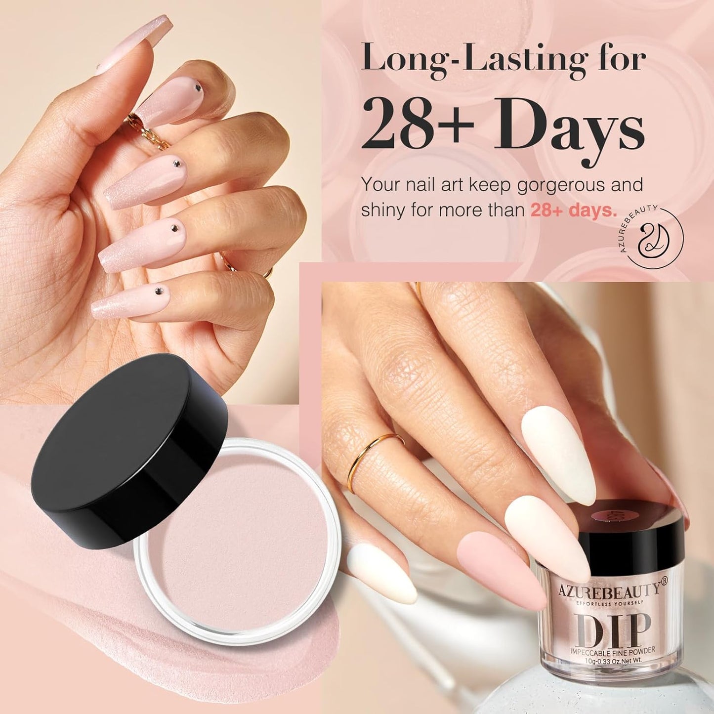 AZUREBEAUTY Dip Powder Nail Nude Set Light Pink Champagne Shimmery, All Seasons 6 Colors Dipping Powder Starter Kit French Nail Art Manicure DIY Salon for Women, No Need Nail Lamp Cured
