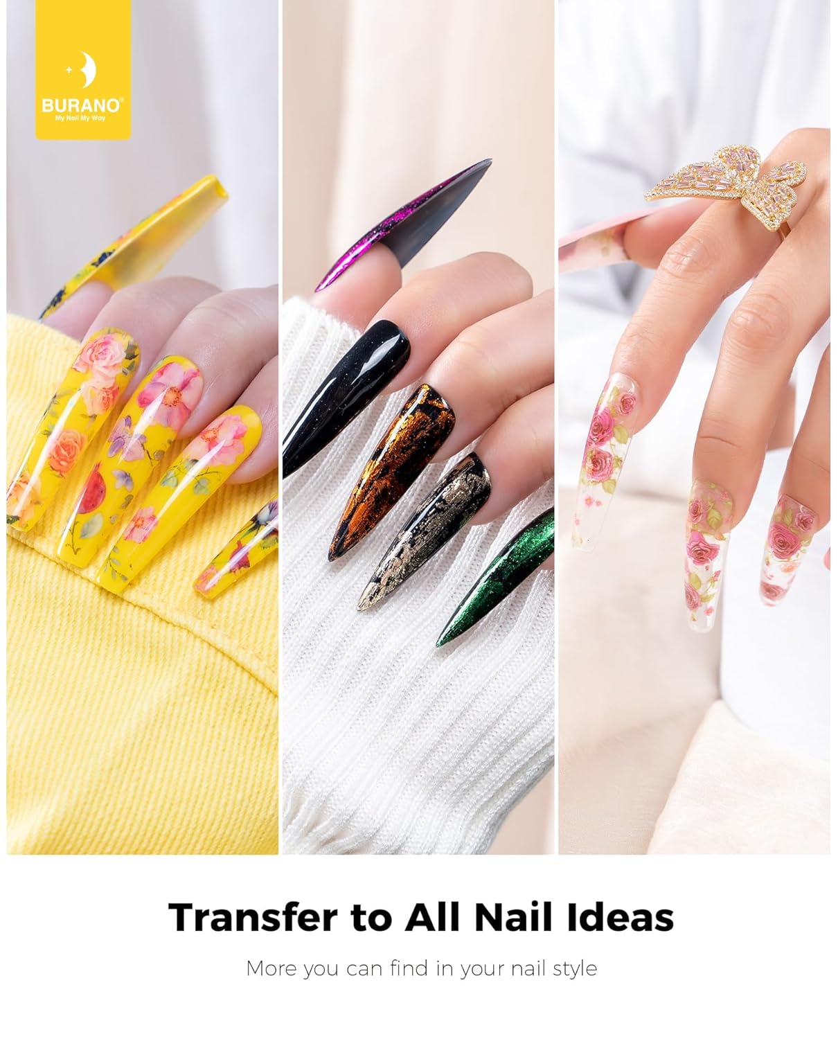 BURANO Nail Art Nail Foil Glue Gel, o.5 oz with 10PCS Foil Stickers Set Nail Foil Glue for Nails Foil Transfer Gel, Nail Design DIY UV LED Lamp Required (Nail Art) 16