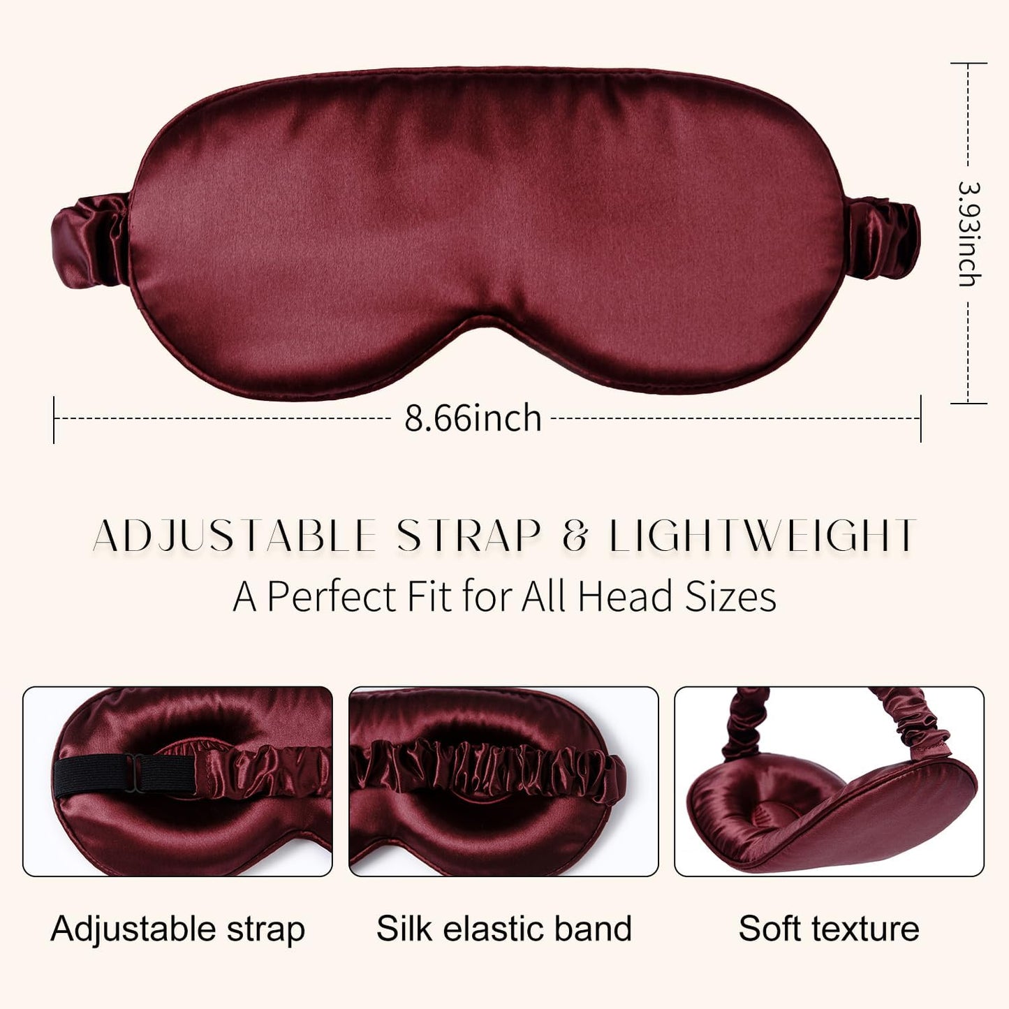 100% 22 Momme Mulberry Silk Sleep Mask, Eye Cover for Sleeping, Blackout 3D Sleep Masks for Lash Extensions with Adjustable Strap for Men and Women (Burgundy)
