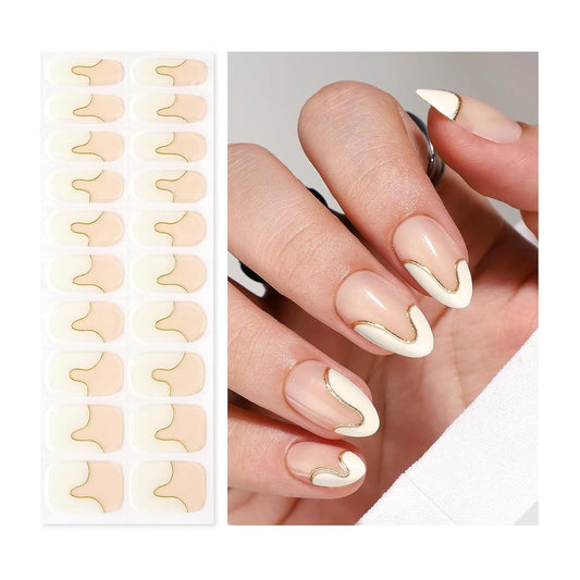 Semi Cured Gel Nail Strips | Built-In Gel Top Coat | UV Light Required | Salon Quality, Easy Application And Removal (Ivory Wave With Gold)