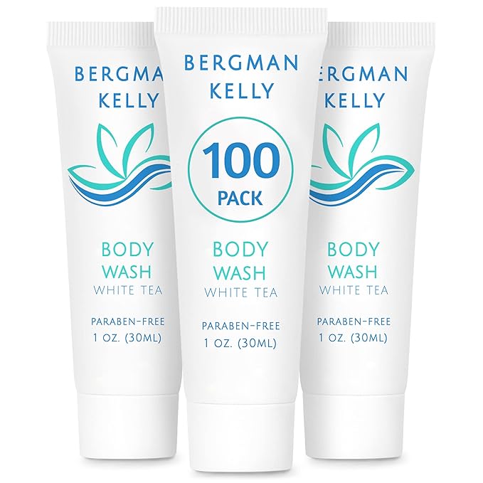 BERGMAN KELLY Travel Size Body Wash (1 fl oz, 100 PK, White Tea), Delight Your Guests with a Revitalizing and Refreshing Hotel Body Wash, Quality Mini and Small Size Guest Hotel Toiletries in Bulk