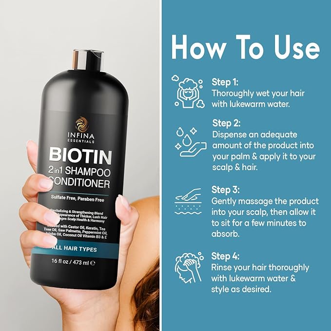 Biotin 2-in-1 Shampoo and Conditioner for Men & Women – Hair Thickening & Strengthening Shampoo with Saw Palmetto, Keratin, Caffeine & Vitamin E – Convenient Daily Use – 16 fl oz