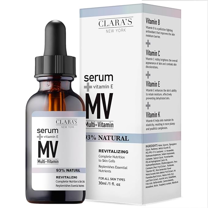 CLARA'S NEW YORK Glycolic Acid Facial Serum with Vitamin E for Exfoliating Smoothing Glowing Face Skin - Made in USA 30ml (1Fl/Oz) (Multi Vitamin)