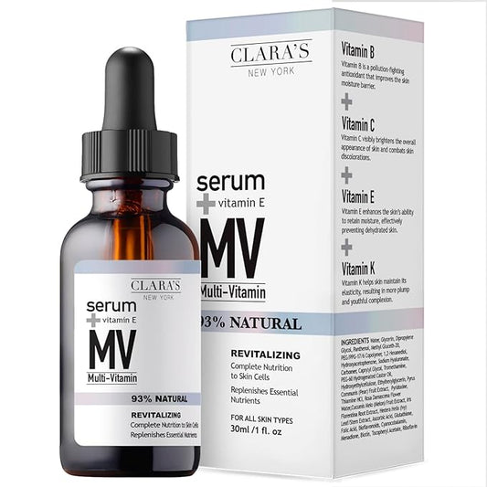 CLARA'S NEW YORK Glycolic Acid Facial Serum with Vitamin E for Exfoliating Smoothing Glowing Face Skin - Made in USA 30ml (1Fl/Oz) (Multi Vitamin)