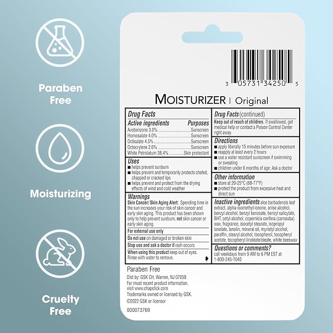 ChapStick SPF Lip Balm 3-Pack – Original 2-in-1 Lipcare with SPF 12, Ultra Hydrating Formula with Aloe Vera and Vitamin E, 0.15 Oz Ea