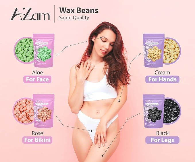 AZAM Hard Wax Beads,Hot Wax Beads,Hair Removal for Full Body4X100G Painless Hard Wax Beans with 10 large applicators 10 smaller ones, 10 nose sticks, Professional Wax Beads for Eyebrow, Bikini