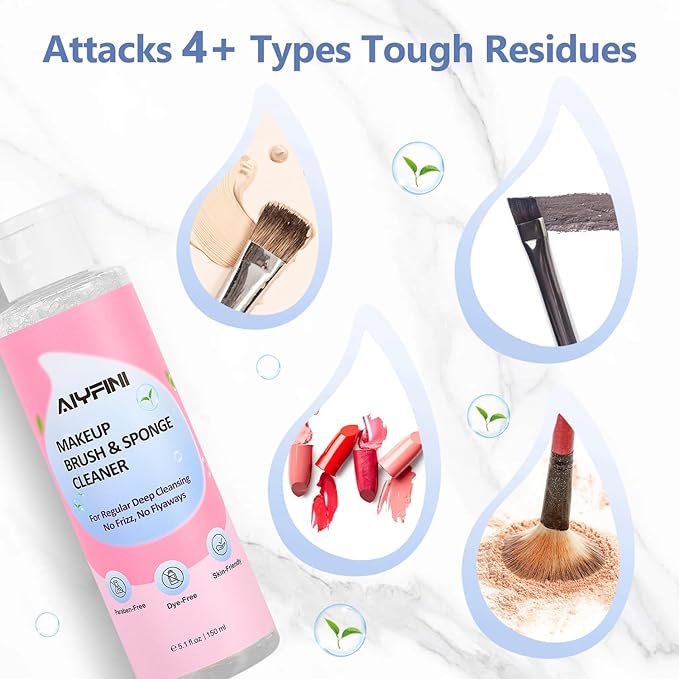 Alyfini Makeup Brush Cleaner Solution + Scrub Basin Combo, Removes Tough Stain on Make Up Brushes Set/Sponge/Puffs, Deep Clean Inner Bristles from Waterproof Foundation/Concealer, 10.2 Fl Oz/300 ml