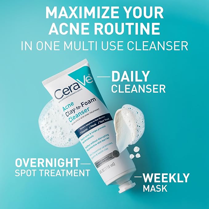 CeraVe Clay To Foam Acne Face Wash, Multi-Use Salicylic Acid & Kaolin Clay Acne Spot Treatment Clears Pimples & Blackheads, Prevents Breakouts, Hydrates & Soothes, Fragrance-Free, Non-Comedogenic, 4oz