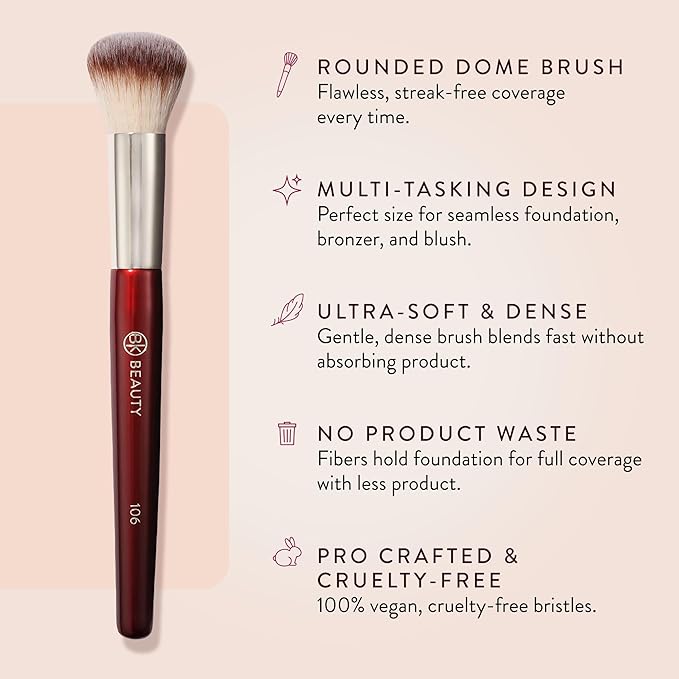 BK BEAUTY 106 ROUND FOUNDATION BRUSH – Dense Dome Shape for Liquid & Cream Foundation, Seamless Streak-Free Application, Multi-Use Face Makeup Tool