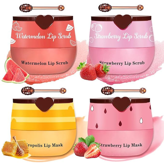4PCS Lip Scrub and Mask Set,Strawberry and Honey Pot Lip Balm,Reduces Lip Lines Lip Exfoliator Scrub and Moisturizer,Repair Beebalm Lip Balm and Lip Scrub Set,Lip Mask Overnight