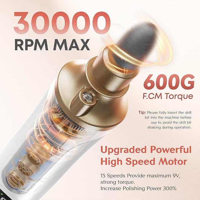 Cordless Nail Drill Electric Nail File: Professional Manicure Pedicure Kit for Acrylic Gel Nails Grind Trim Polish, 15-Speed Brushless Electric Foot Callus Remover ,Nail Tool for Women & Men.