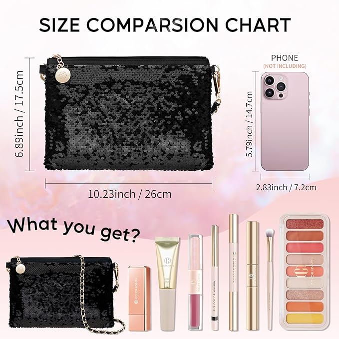Color Nymph Teen Girls Makeup Kit, Black Sequin Make Up Bag with Makeup Sets For Teens Makeup Gift Kit Bag For Girls Eyeshadow Palette Lip Gloss Eyeliner Mascara Fit For Wedding Party Cocktail Prom