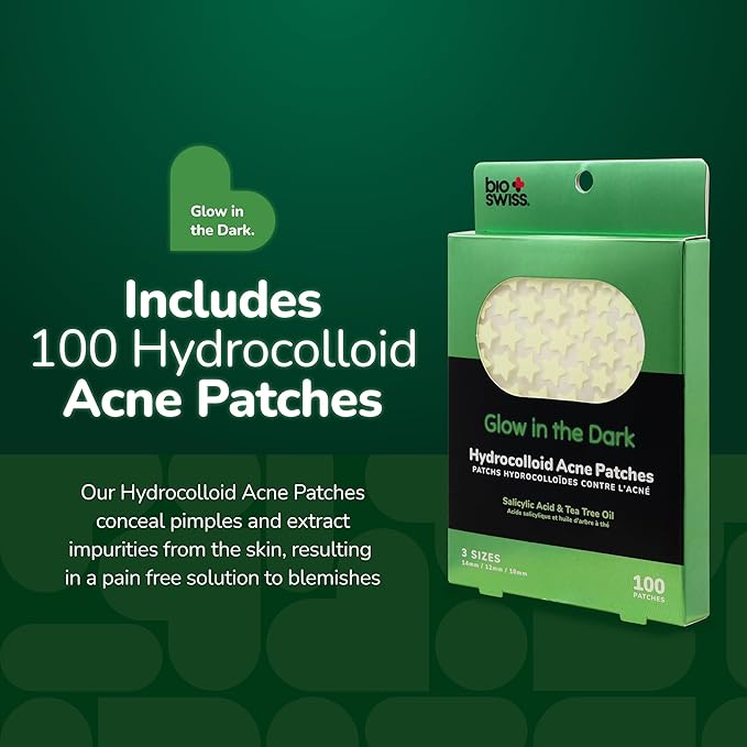 BioSwiss Pimple Patches, Glow in the Dark Patch for Zits and Blemishes, Hydrocolloid Spot Stickers for Face and Skin, 100 Count