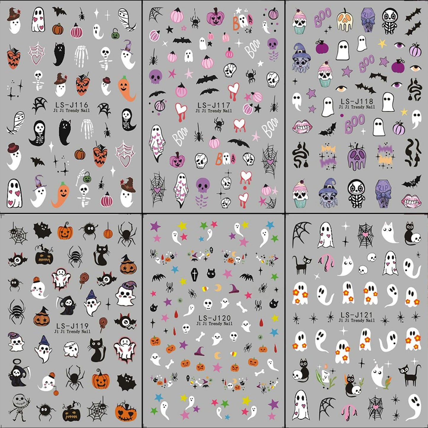 6 Sheets Halloween Nail Art Stickers 3D Self Adhesive Cute Coal Ball Ghost Skull Designs Pumpkin Nail Stickers Spider Web Stars Bat Nail Decals Sticker Halloween Nails Art Supplies for Women