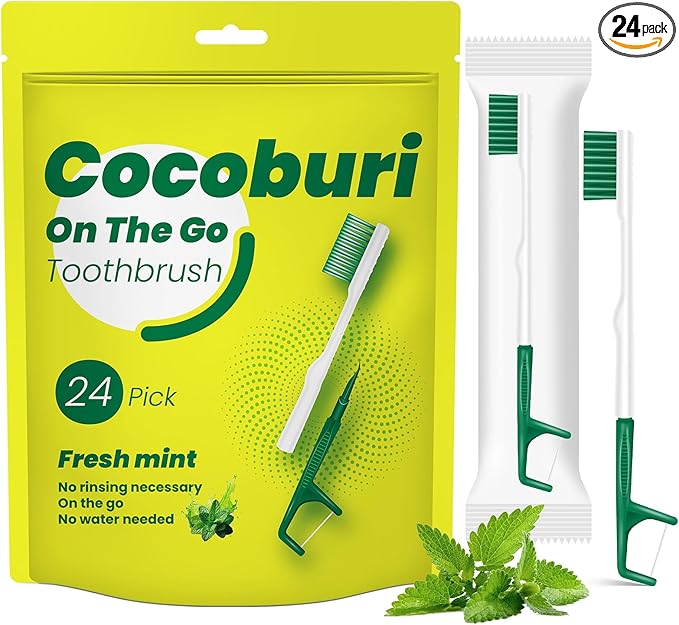Disposable Mini Travel Toothbrushes，Prepasted On-The-Go Whitening Toothbrushes,Individually Wrapped，Disposable，Prepasted Travel Toothbrushes- Peppermint Flavor -（24-Pack）
