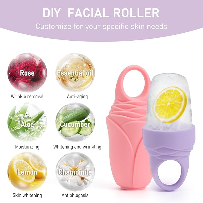 3 Pcs Facial Ice Roller Silicone Mold Reusable for Face Women and Eye Neck Cold Skin Care Tools Freezer De Puff Eye Bags Reduce Migraine Pain Pink 2 + Purple 1