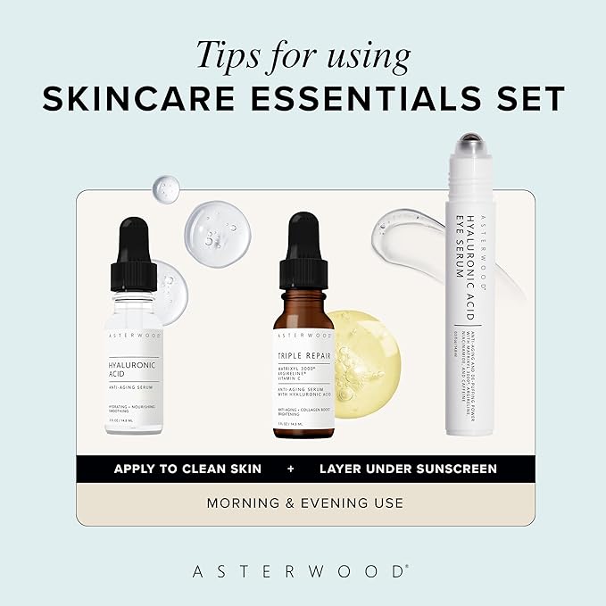 Asterwood Skin Care Set - with Hyaluronic Acid & Triple Repair Serums, Under Eye Serum - Skincare Essentials - Hydrating, Moisturzing, Anti-Aging - Fragrance-Free