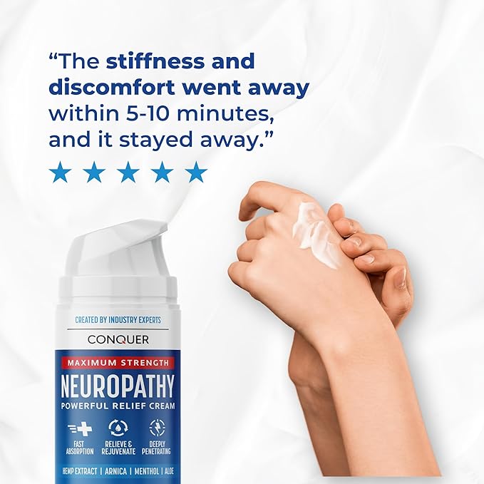 Conquer Neuropathy Cream - Powerful Relief Foot Cream for Neuropathy with Natural Arnica, Aloe Vera, Hemp Extract, Menthol - Maximum Strength Cooling & Soothing - 3.4oz Large Size (Pack of 2)