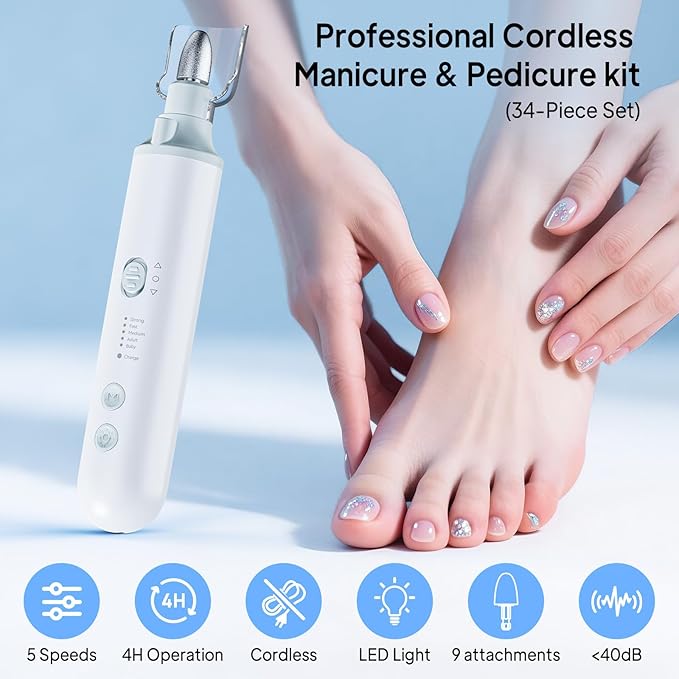 Cordless Nail Drill Electric Nail File: Professional Manicure Pedicure Kit for Acrylic Gel Nails Grind Trim Polish, 5-Speed Brushless Electric Foot Callus Remover ,Nail Tool for Women & Men