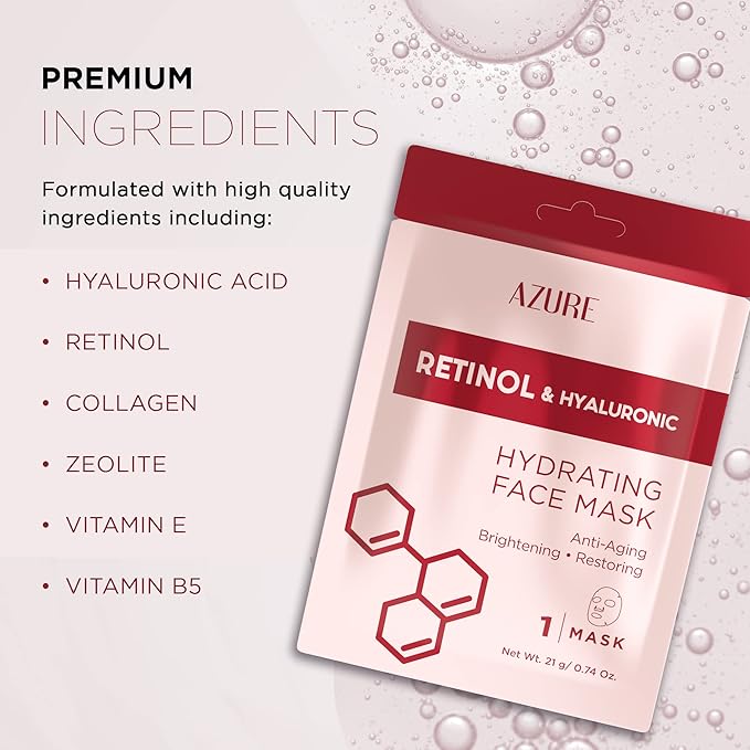 Azure Cosmetics Retinol & Hyaluronic Acid Anti Aging Facial Sheet - Rejuvenating & Hydrating Face Mask - Helps Reduce Fine Lines & Wrinkles, Smooths & Repairs - Made in Korea - Pack of 5